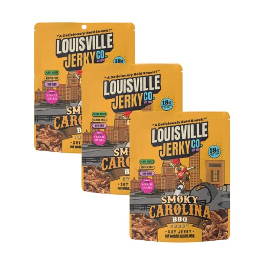 Louisville Jerky Co. Sweet & Smoky Carolina Mustard BBQ Vegan Jerky, Plant Based Protein Snack (3 Ounce, 3-Pack) - Smoky Southern BBQ Flavor