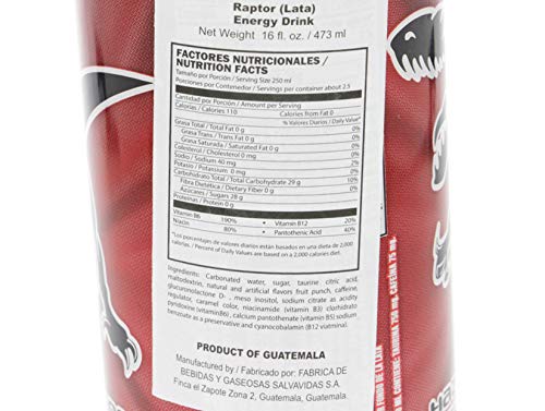 Raptor Energy Drink with Sparkling Fruit Punch Flavor Beverage 16Oz/473ml - Bebida energética Raptor con bebida de sabor a ponche de frutas espumosas
