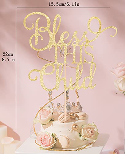 AHAORAY Bless This Child Cake Topper - Gold Glitter Chlid Christening Cake Decoration Supply - Smash Cake Topper for First Holy Communion Party/Baby
