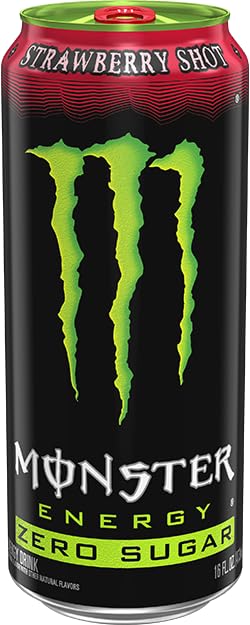 Monster Energy Zero Sugar Strawberry Shot, Green, Original, Free Energy Drink, 16 Ounce Can (Pack of 15)