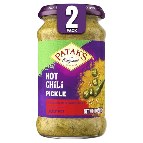 Patak’s Hot Chile Pickle 10 oz Jar (Pack of 2) - Authentic Indian Pickle with Chile Peppers, Mustard Seeds & Spices - Vegan & Gluten Free - No