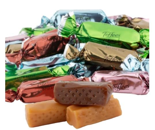 Nuts To You Assorted Toffees Foil Wrapped | Each Candy Individually Foil Wrapped | The assortment includes vanilla, chocolate, strawberry, rum