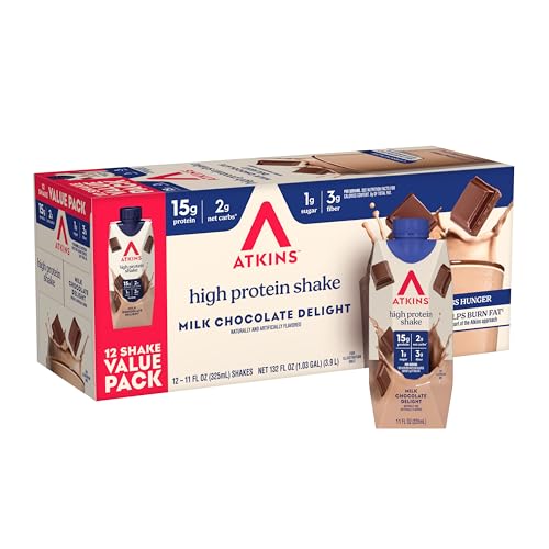 Atkins Milk Chocolate Delight High Protein Shake, 15g Protein, 2g Net Carb, 1g Sugar, Keto Friendly, Chocolate Flavored Protein Shakes, 12 Count