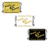 45th Birthday Miniatures Candy Bar Wrapper, (Set of 60) Mini Candy Bar Stickers; 3 Designs: 24 Gold, 24 Black, 12 White, Candy Not Included. Made in