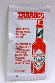 Tabasco Brand Pepper Sauce (Packet) [200 Pieces] Product Description: Tabasco Brand Pepper Sauce (Packet) 3 Gram Packet.