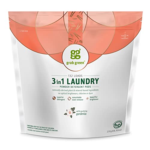 Grab Green Natural 3 in 1 Laundry Detergent Pods, Gardenia-with Essential Oils, 132 Loads, Organic Enzyme-Powered, Plant & Mineral-Based, White