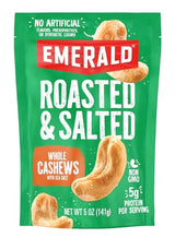 Emerald Nuts Roasted and Salted Whole Cashews (1-Pack), 5oz Resealable Bag, Plant-Based Protein, Kosher Certified, Non-GMO, Contains No Artificial