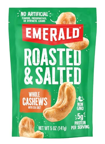 Emerald Nuts Roasted and Salted Whole Cashews (1-Pack), 5oz Resealable Bag, Plant-Based Protein, Kosher Certified, Non-GMO, Contains No Artificial