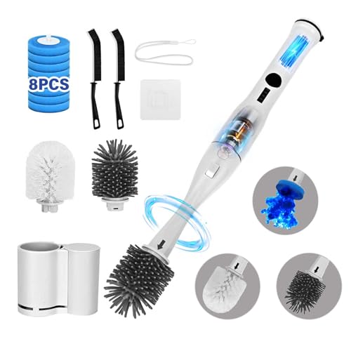 Electric Toilet Brush Scrubber and Holder Set,Electric Toilet Bowl Cleaning Kit with 8 Disposable Refill Heads,Hard Nylon Brush and Soft Silicone