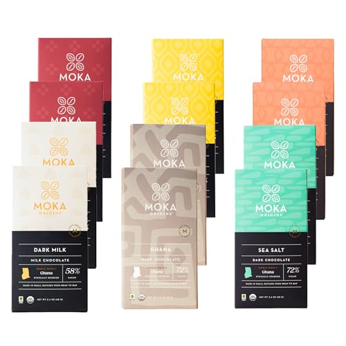 Moka Origins Organic Chocolate Bar Pack - Bean-to-Bar, Direct & Fair Trade, Small-Batch, Ethically Sourced, Gourmet, Artisan Craft Chocolate (12-Pack