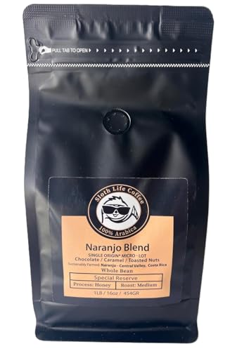Sloth Life Coffee, Whole Bean Costa Rica, Naranjo Blend, Medium Roast, 1 Lb