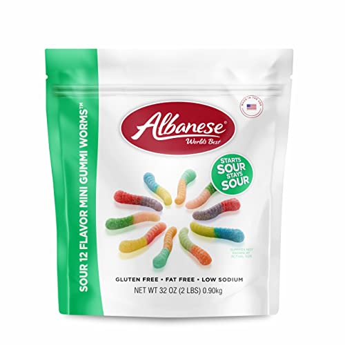 Albanese World's Best Sour 12 Flavor Mini Gummi Worms | 32oz Bag of Candy | 12 Unique Super Sour Flavors, Gluten Free, Fat Free, Soft and Chewy Gummy