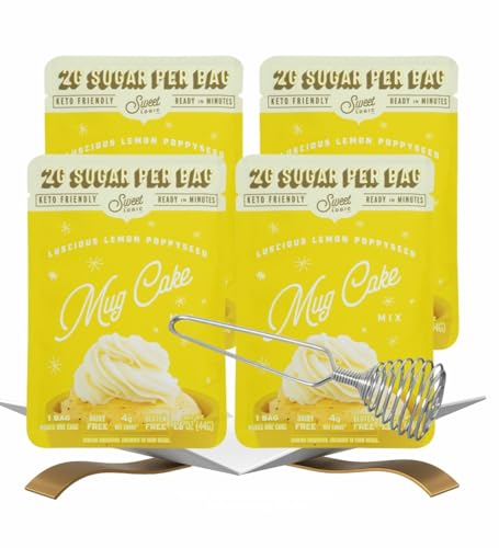 4x Sweet Logic Cake Mix Lemon Poppyseed 1.6 oz Bundle with Silver French Whisk - Low-Sugar High-Protein Mug Cake Mix for Gluten-Less Lemon Poppyseed