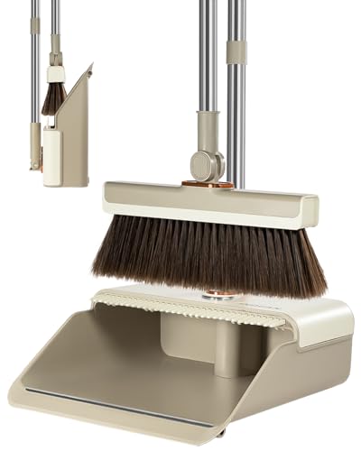 INDCAN Broom and Dustpan Set for Home, 54 Inch Long Handle Upright Broom, Rotatable Broom Head with Magnetic Mount & Self-Cleaning Teeth Comb, Indoor