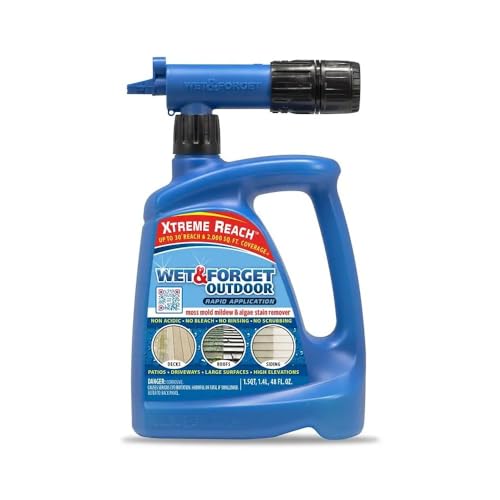 Wet & Forget Outdoor Moss, Mold, Mildew, & Algae Stain Remover Multi-Surface Cleaner, Xtreme Reach Hose End with New & Improved Nozzle, 48 Fluid