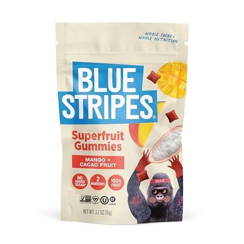 Blue Stripes Cacao Superfruit Gummies - Vegan Chewy Fruity Snack, No Sugar Added 100% Fruit Gummy, 9 Essential Vitamins & Minerals, Natural Tropical