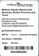 Ghasitaram Gifts Rakhi Gifts for Brothers Rakhi Chocolate Medium Square Basket with Almonds, Nutties Pouches and Toran with Pearl Rakhi