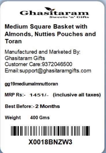 Ghasitaram Gifts Rakhi Gifts for Brothers Rakhi Chocolate Medium Square Basket with Almonds, Nutties Pouches and Toran with Pearl Rakhi