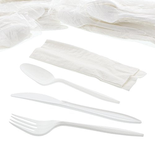 AmerCareRoyal 4-in-1 Disposable Silverware Medium Weight Plastic Utensil Set with Teaspoon, Fork, Knife and 12x13 inch Napkin - Individually Wrapped