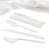 AmerCareRoyal 4-in-1 Disposable Silverware Medium Weight Plastic Utensil Set with Teaspoon, Fork, Knife and 12x13 inch Napkin - Individually Wrapped