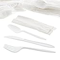AmerCareRoyal 4-in-1 Disposable Silverware Medium Weight Plastic Utensil Set with Teaspoon, Fork, Knife and 12x13 inch Napkin - Individually Wrapped