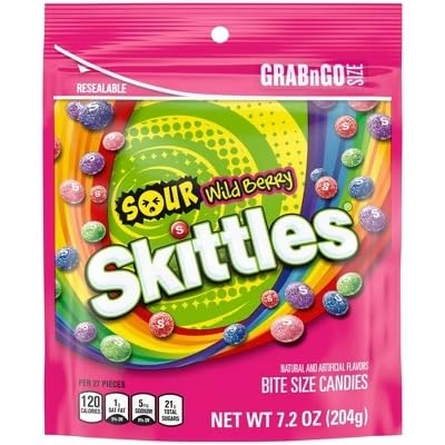 SKITTLES Sour Wild Berry Grab & Go Size Candy Bag, 7.2 oz