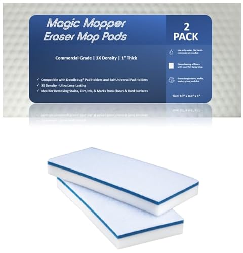 Magic Mopper 4610 Eraser Pads - 2 Pack 4.5" x 10" x 1" Commercial Grade Melamine Sponges for Floor, Tile, Grout, Baseboard, Walls-Durable & Versatile