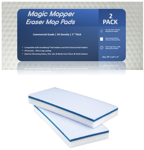 Magic Mopper 4610 Eraser Pads - 2 Pack 4.5" x 10" x 1" Commercial Grade Melamine Sponges for Floor, Tile, Grout, Baseboard, Walls-Durable & Versatile