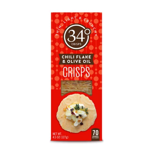 34 Degrees Chili Flake & Olive Oil Crisps | Light & Crunchy Thin Crackers for Charcuterie, Cheese Boards & Entertaining, Six Pack (4.5oz each)