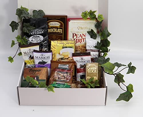 Gift Basket Village Rocky Mountain Christmas Gift Box: Gourmet Pretzels, Chocolate Covered Fruits & Nuts, Wafers, Pecan Roll, Cheese Spread, Roca