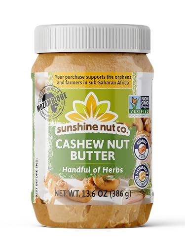 Sunshine Nut Company Gourmet Natural Cashew Butter, Handful of Herbs, 1 Pack, Vegan Spread with Hand-Roasted Mozambique Cashews, No Added Sugar, 13.6