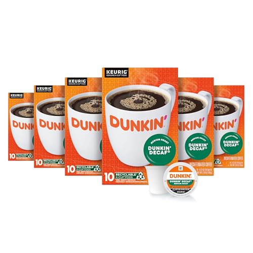Dunkin’ Decaf Medium Roast Coffee, Keurig K-Cup Pods, 10 Count Boxes (Pack of 6)
