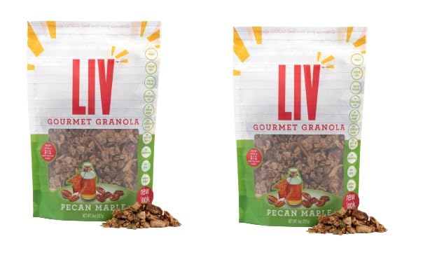 Liv Gourmet Pecan Maple Granola - 8oz (Pack of 2) | Healthy, Nutrient-Dense Snack, Breakfast Cereal | 1:1 Nut-to-Oat Ratio | Non-GMO, Low Sugar, Vegan