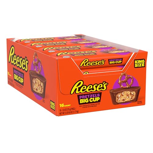 REESE'S Big Cup with Pretzels Milk Chocolate King Size Peanut Butter Cups, Candy Packs, 2.6 oz (16 Count)