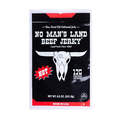 No Mans Land Premium Beef Jerky | 17G High Protein, Low Carb, Low Calorie Beef Snack | Slow-Dried, Smoked & Seasoned Jerky Strips | HOT 8.5oz Bag