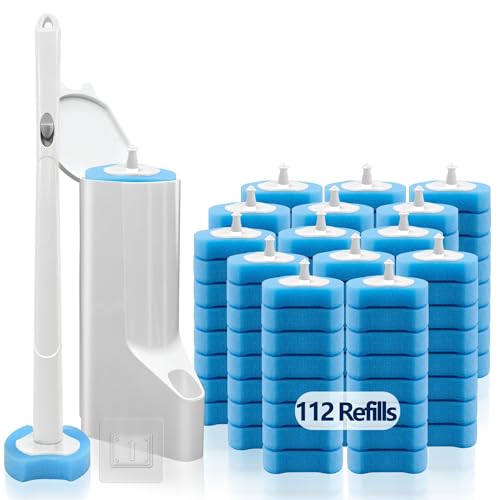Disposable Toilet Brush with 112 Refills, Toilet Bowl Wand and Holder, White Toilet Cleaning Brush, Toilet Bowl Wand Kit Wall-mounted, Toilet Brush