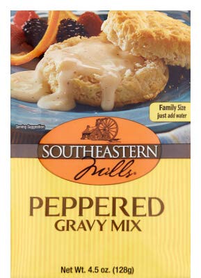 2 Southeastern Mills Country Biscuit Mix 6 oz Packages | 2 Southeastern Mills Peppered Gravy Mix 4.5 oz Packages | One 3.5 Inch Scalloped Biscuit