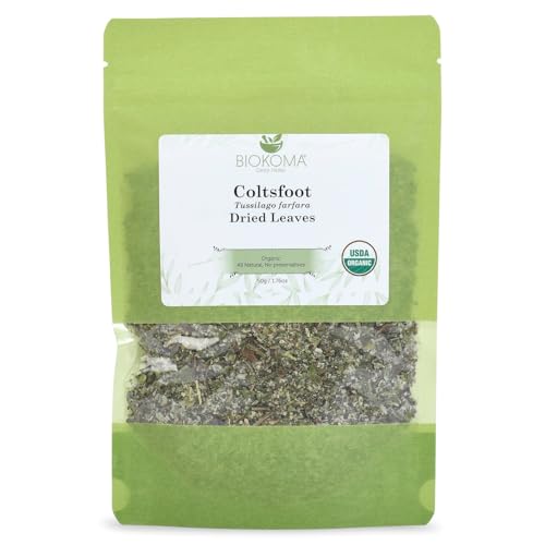 Biokoma Organic Coltsfoot Leaves 50g 1.76oz USDA Organic Tussilago farfara Dried Herb Cut & Sifted Respiratory Support Soothing Herbal Tea Resealable