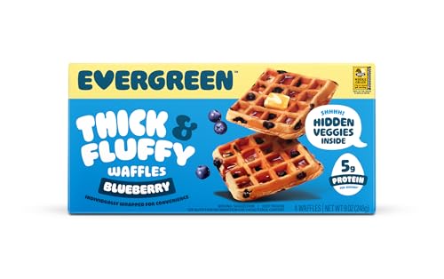 Evergreen Thick & Fluffy Waffles, Blueberry - Whole Grains, No Preservatives, Nut-Free, Individually Wrapped, Air Fryer Ready, Frozen Breakfast, 9 oz