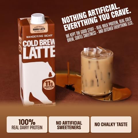 Wandering Bear Double Latte Organic Cold Brew Coffee - 32 fl oz, 3 pack - Creamy High-Protein Cold Brew Latte, 11 g Protein, Only 100 Calories, 5 g