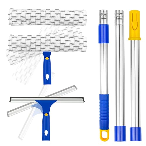 ITTAHO Window Squeegee with Extension Pole, Separate 12" Squeegee & 11" Microfiber Scrubber Heads, Window Cleaning Kit for Hard-to-Reach Windows