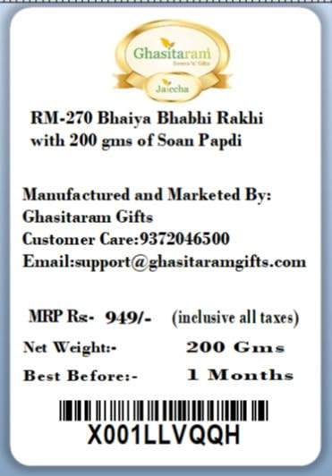 Ghasitaram Gifts Rakhis Online - Rakhi for Brother-RM-270 Bhaiya Bhabhi Rakhi with 200 GMS of Soan Papdi