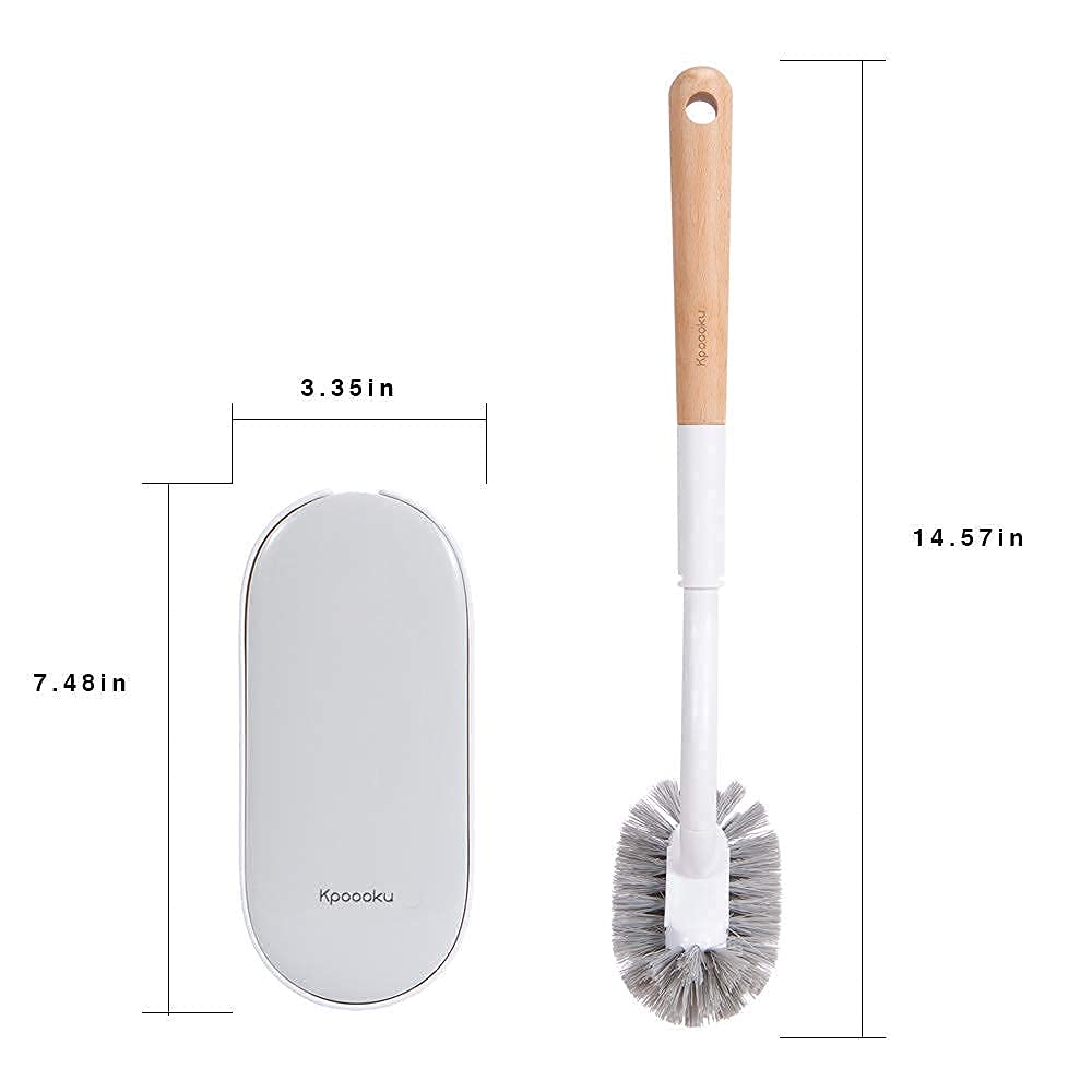 Kpoooku Toilet Brush with Holder,Curved Design Angled Clean Tool with Wood Handle,Wall Mounted Toilet Brushes Set for Bathroom