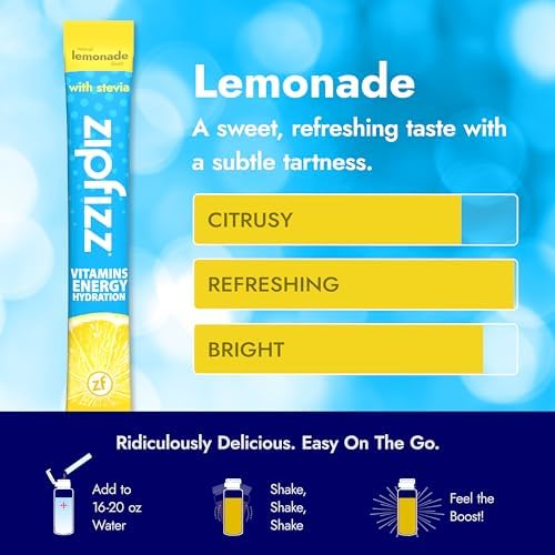 Zipfizz Stevia Energy Drink Powder, Lemonade, 10 Pack - 3-in-1 Sustained Energy, Rapid Hydration & Essential Vitamins - Sugar-Free, Non-Effervescent