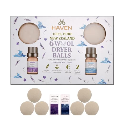 Haven Wool Dryer Balls with Essential Oils - 6-Pack Natural Reusable Laundry Balls with Lavender & Ocean Scents - Eco-Friendly Fabric Softener