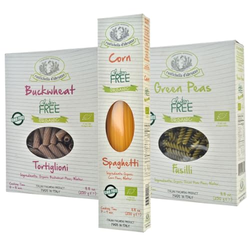 Rustichella d’Abruzzo Organic Gluten-Free Pasta Variety Pack - Corn Spaghetti, Buckwheat Tortiglioni & Green Pea Fusilli - 3 x 8.8 oz (250g) Italian