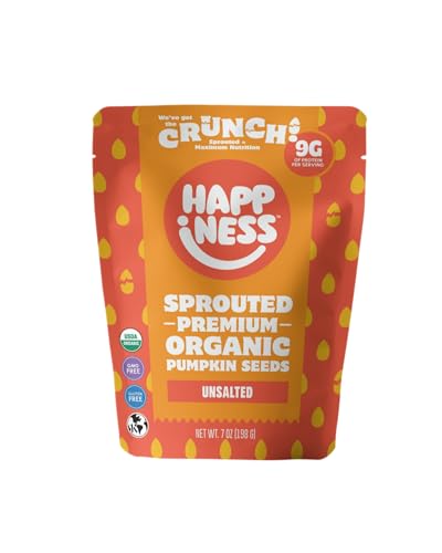 Happiness Foods™ Unsalted - Sprouted Organic Raw Pumpkin Seeds - High Protein, Certified USDA Organic, Non-GMO, Low Carb, Vegan, Gluten-Free Snacks