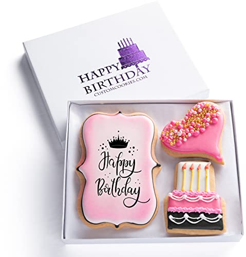 Happy Birthday Gift Basket Custom Sugar Cookies - Happy Birthday Cookies in Gift Box, Hand Decorated Kosher Treats for Women, Her, Wife - Bakery