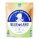 BLUELAND Laundry Detergent Tablets, 120 Count, Plastic-Free Eco-Friendly Pods, Sheets, Liquid Alternative - Fragrance Free and Clear, Natural, Gentle
