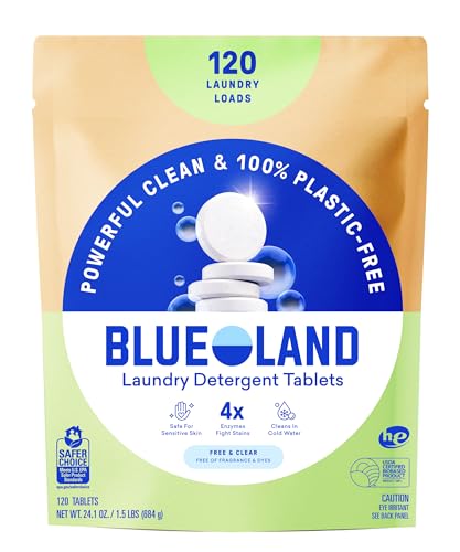 BLUELAND Laundry Detergent Tablets, 120 Count, Plastic-Free Eco-Friendly Pods, Sheets, Liquid Alternative - Fragrance Free and Clear, Natural, Gentle